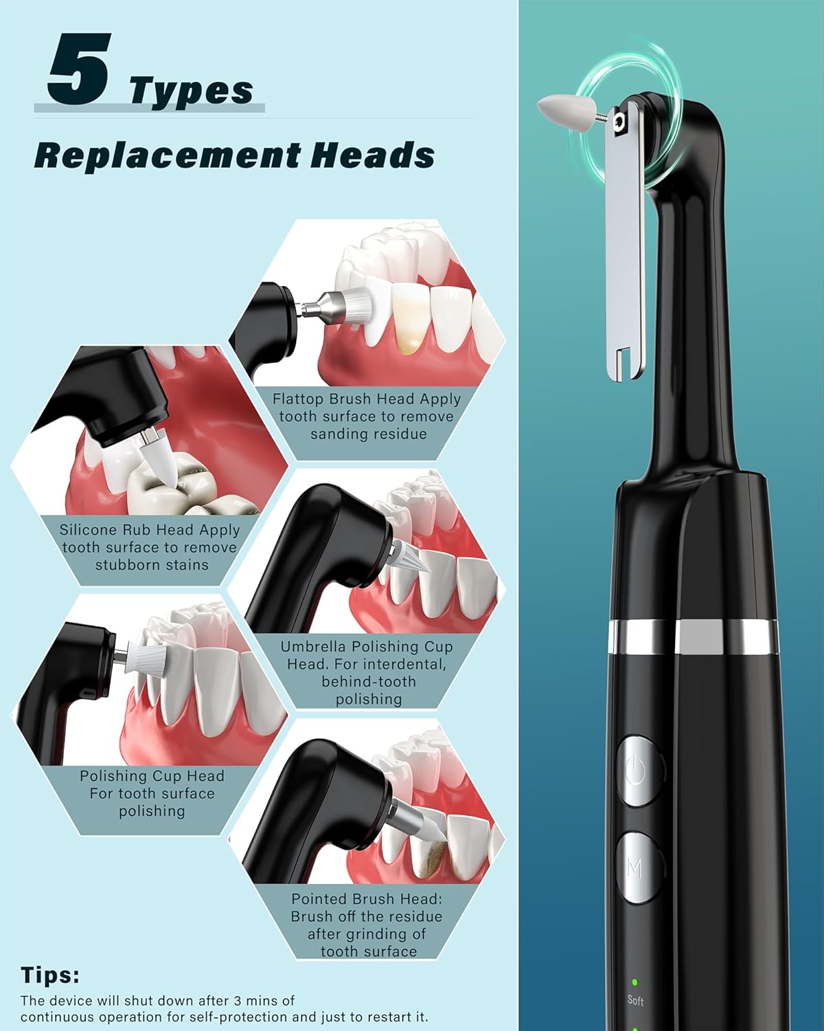 Tooth Polisher, Rechargeable Tooth Whitening Kit for Teeth Cleaning and Whitening, with 3 Tooth Polish Paste and 5 Brush Heads, LED Light, Easy to Use at-Home Personal Dental Care Kit (Black)