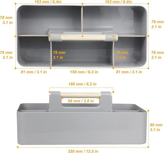 Baby Shower Caddy Plastic Nursery Portable Storage Organizer Caddy Tote for Child/Kids, Divided Basket Bin with Wood Handle for Bathroom, Dorm Room, Holdsn Bottles, Spoons, Gray