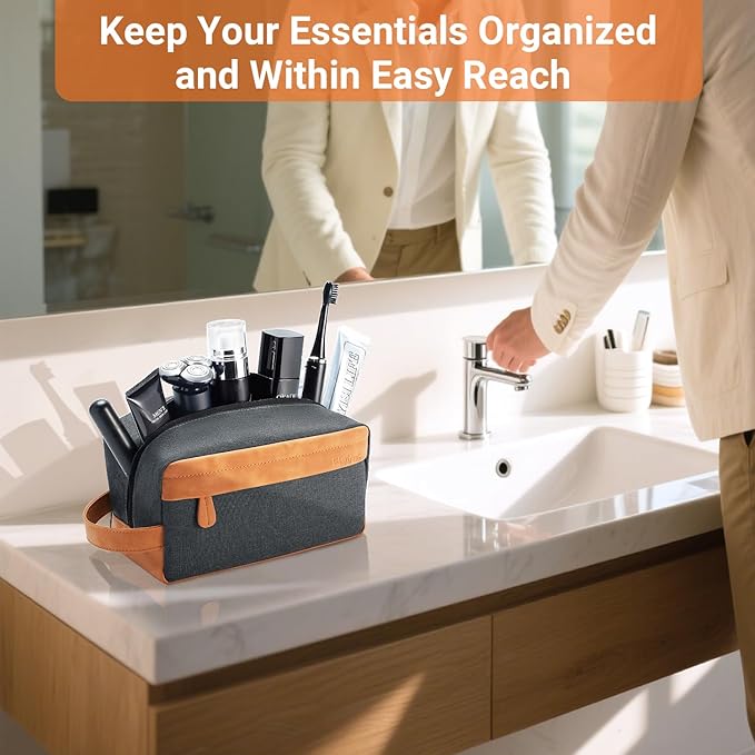 Elviros Travel Toiletry Bag for Men Hanging Dopp Kit Water Repellent PU Leather Shaving Bag with Large Capacity for Travel and Bathroom, Navy Blue