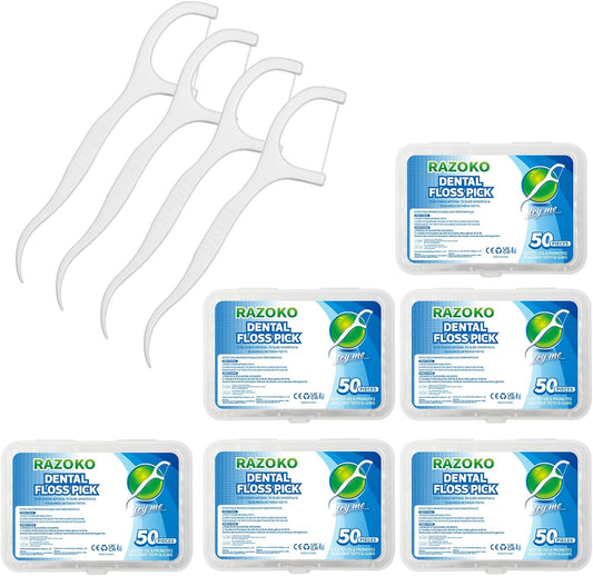 RAZOKO Dental Floss Picks High Toughness Professional Toothpicks Sticks 6-Pack(300pcs) with Portable Case and Dental Picks Perfect for Family,Hotel,Travel