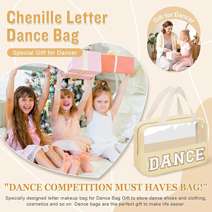 Dance Bag for Girls Chenille Letter Clear Makeup DANCE Stuff Bag,Toddler Dance Recital Gifts Ballet Cosmetic Zipper Pouch with Handle,Dance Competition Accessories Toiletry Storage Bag(DANCE-Beige)