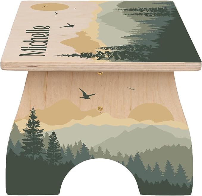 Mountain Step Stool for Toddlers- Personalized Wood Kids Step Stool with Name for Kitchen Sink, Bathroom, Potty Training, Toilet, Kitchen Sink- Sturdy and Safe- Made in USA by BloomOwl (Mountains)