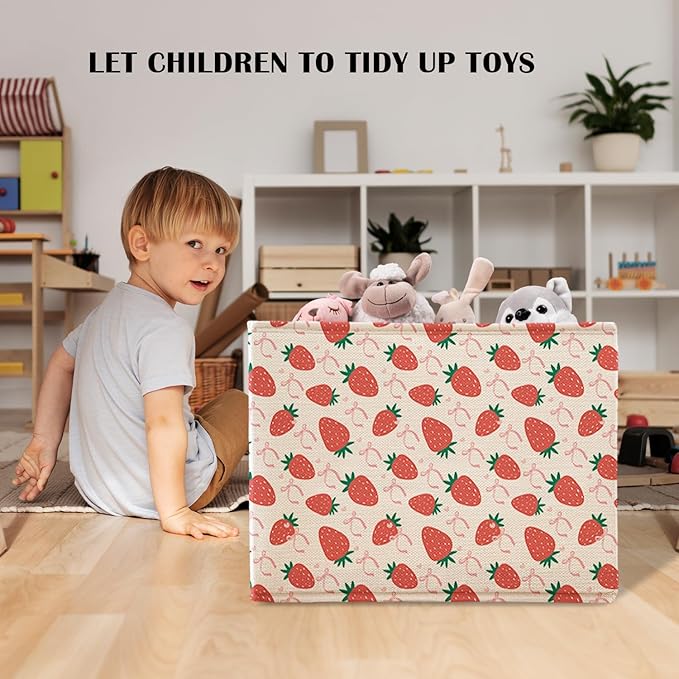 Pink Bow Strawberry Storage Basket Bins With Handles for Girls Kids, Preppy Pink Bow Aesthetic Foldable Organizer Basket Toybox for Girls Room Nursery Bedroom Bathroom Clothes Toys Books