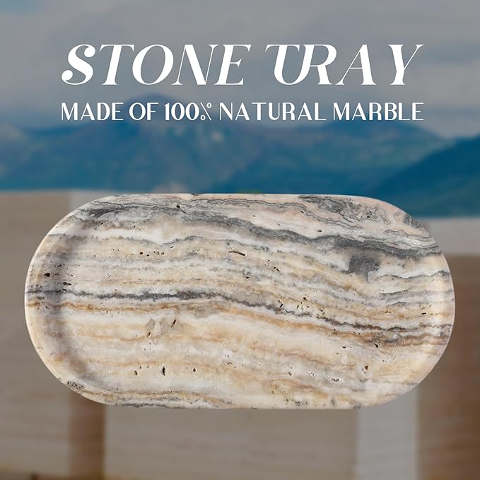 Koville 10"x5" Marble Vanity Tray for Bathroom Kitchen Countertop, Natural Marble Trays for Home Decor, Perfume Organizer Jewelry Dish, Stone Tray for Dresser, Decorative Candles Trays