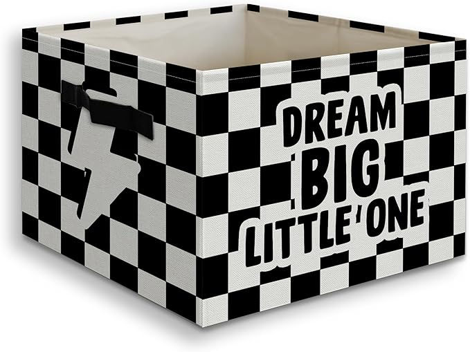 Dream Big Little One Boy Foldable Storage Bins Box with Handles, Black and White Checkered Collapsible Organizer Basket for Kids Boys Bedroom Bathroom Nursery Playroom Clothes Toys Books