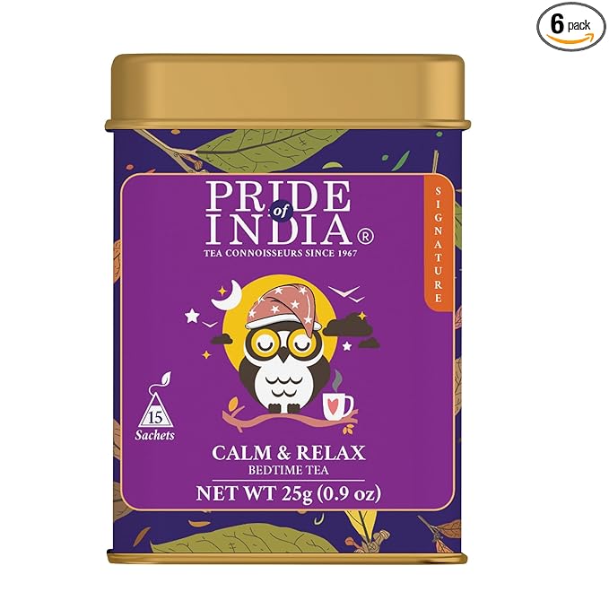 Pride of India | PACK of 6 - Sip and Relax : Bedtime Tea | 15 Pyramid Full Leaf Individually Wrapped Tea Bags| 100% Natural Blend of White Tea & Herbs from Single Origin | Calming and Soothing