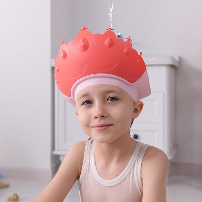 Baby Shower Cap Shield, Baby bath set shower cap, Visor Hat for Eye and Ear Protection for 0-9 Years Old Children,Cute Crown Shape Makes the Baby Bath More Fun (Red)