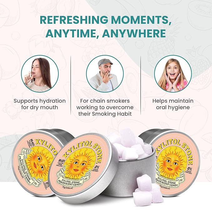 Xylitol Stone Sugar Free Candy - Vegan & Keto Friendly Unique Hard Candy Sugar-Free - 100% Natural Flavor Candies - Gluten Free & Non-GMO Breath Freshener Low Calorie Mints - Peach (Pack of 3)