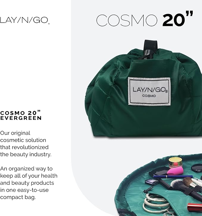 Lay-n-Go Cosmo Lay Flat Drawstring Cosmetic & Makeup Bag Organizer - Zipper Pocket, Brush Loops & More - Durable, Machine Washable Toiletry Carrier for Travel, Cinch Closure, Gift (20", Evergreen)