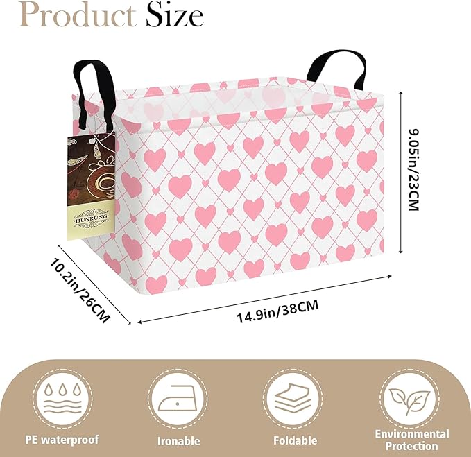 HUNRUNG Rectangle Storage Basket Cute Canvas Organizer Bin for Pet/Children Toys, Books, Clothes Perfect for Rooms/Playroom(REC-Heart)