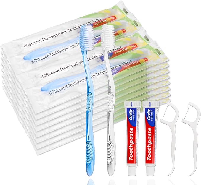 30 pcs Disposable Toothbrushes with Toothpaste Floss Individually Wrapped, 2 Color Disposable Toothbrush, 10g Toothpaste, Dental Floss Pick, Bulk Toothbrush Kit for Homeless,Airbnb,Hotel,Guest