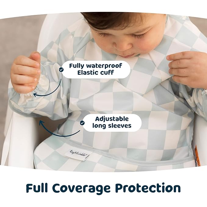 Tiny Twinkle Long Sleeve Bib for Babies & Toddlers – Waterproof Smock Bib for Eating – Machine Washable & Mess-Proof, Baby Feeding Essential & Shower Must-Have(Checkers Sage, 6–24M)