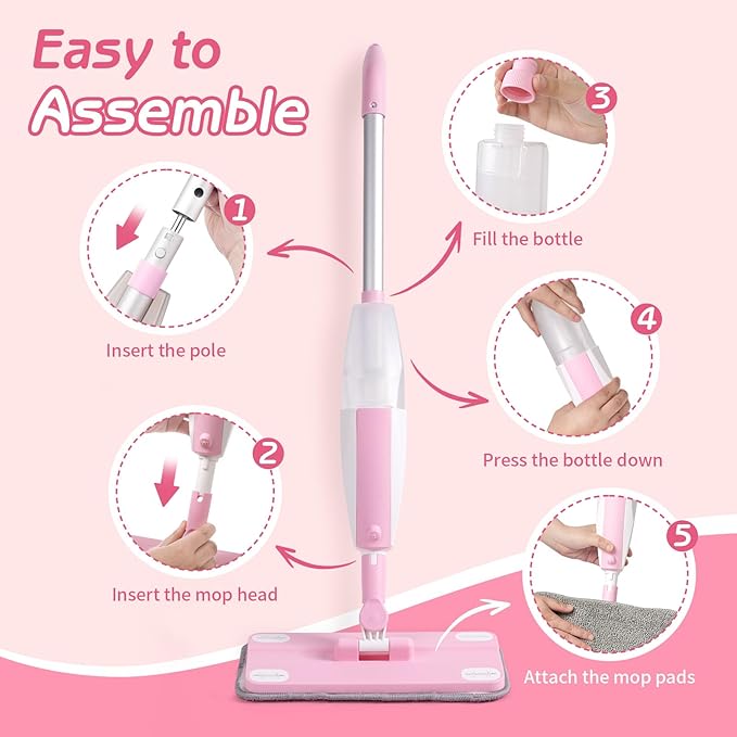 Hilsoeet Kids Spray Mop Pink, Real Working Water-Spraying Toy, Montessori Mini Mop with 2 Microfiber Washable Pads, Toddler Cleaning Set for Floor, Christmas Birthday Gifts for Age 3 4 5 6 7 8