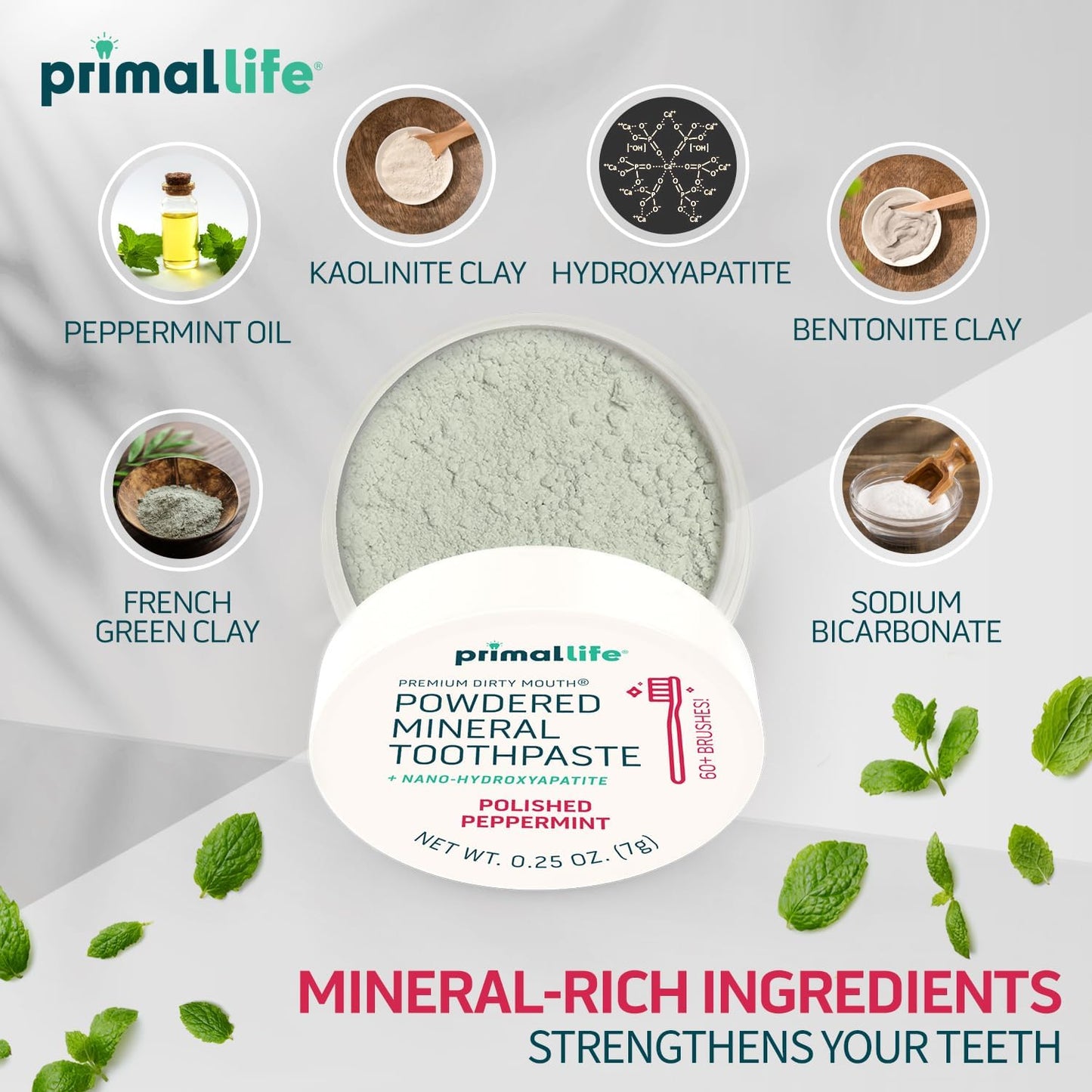Primal Life Organics - Dirty Mouth Toothpowder, Tooth Cleaning Powder, Flavored Essential Oils with Natural Kaolin & Bentonite Clay, Good for 200+ Brushings, Organic, Vegan (Peppermint, 0.25 oz)