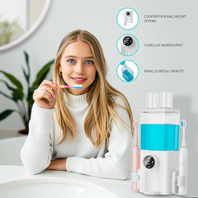 J.C&T Automatic Mouthwash Dispenser, 21.98 Fl Oz (650ML) Touchless Electric Wall-Mounted & Countertop, Rechargeable Mouth Wash Dispensers for Bathroom with Magnetic Cups for Kids & Adults, White