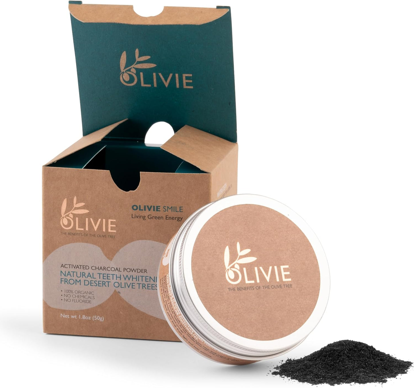 Organic Activated Charcoal Powder for Teeth Whitening by Olivie Smile, Natural Toothpaste Alternative, Desert Olive Tree Charcoal, Fluoride and Chemical Free 1.8 oz