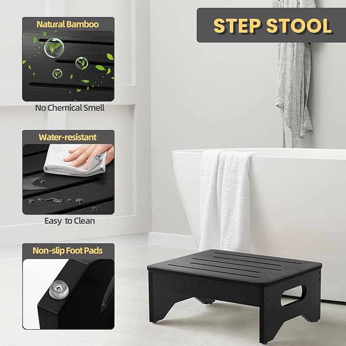 Wooden Step Stool for Adults & Kids, Non-Slip Rubber Feet, 6.5 Inch High, Lightweight Small Step, 400 Lbs Capacity, Bed Step Stool for High Bed, Bathroom & Kitchen, Black