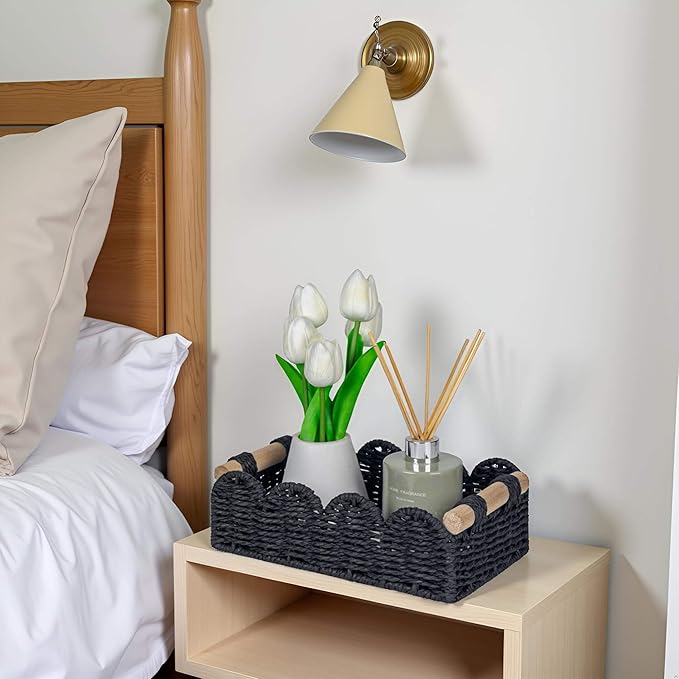 CubesLand Scalloped Edge Decor Basket for Living Room, Home, Bathroom, 2SAME SIZE Paper Rope Baskets, Toilet Storage Baskets for Over Toilet Storage Shelf, Cozy Woven Basket Both Storage&Decor, Black