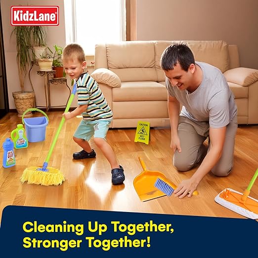Kidzlane Kids Cleaning Toy Set - Toddler Cleaning Set with Realistic Broom, Mop, and Dustpan with Wet Floor Sign and Cleaning Tools - Kids Broom Set for Ages 3 and Up - Fun Playtime for Boys and Girls