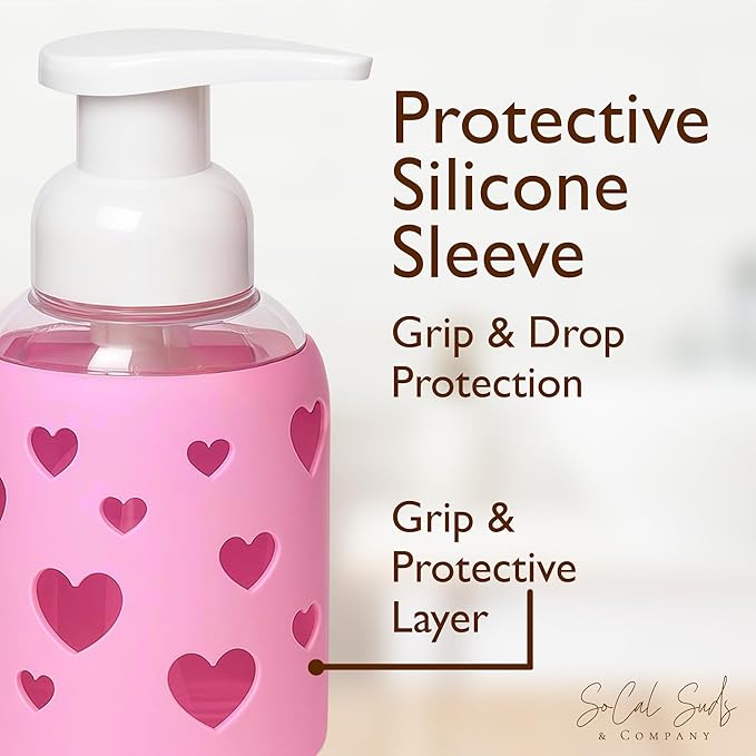 SoCal Suds & Company Glass Foaming Hand Soap Dispenser, Heart Silicone Sleeve, Refillable Pump Bottle for Kids, Baby Wash & Shampoo, Ideal for Home Use, Bright Pink 8oz