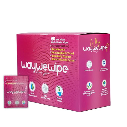 On-The-Go Flushable Feminine Wet Wipes, 60 Count XL Individually Wrapped Female Wipes, Hypoallergenic 100% Plant Based Septic Safe, Travel Size Adult Cleansing Cloth for Women, Rosewater