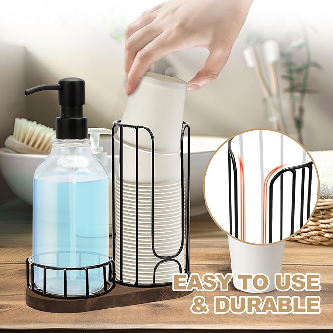Country-Style Bathroom Cup Holder with 17 oz Reusable Mouthwash Dispenser, 2-Compartment 3oz Disposable Mouthwash Cup Storage Rack, Iron Bathroom Accessories