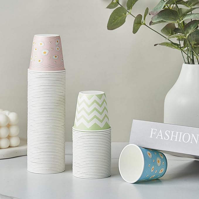 Tamone 600 Pack 3 oz Paper Cups - Small Bathroom Cups, Mini Wave Design Disposable Cups, Pink, Green, Blue - Mouthwash Cups for Valentine's, Picnic, BBQ, Travel, Home, Event