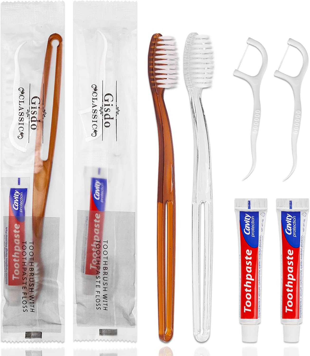 30pcs Disposable Toothbrushes with Toothpaste Floss Individually Wrapped, 2 Color Disposable Toothbrush Bulk, 10g Toothpaste, Dental Floss Pick for Homeless,Airbnb,Hotel,Guest
