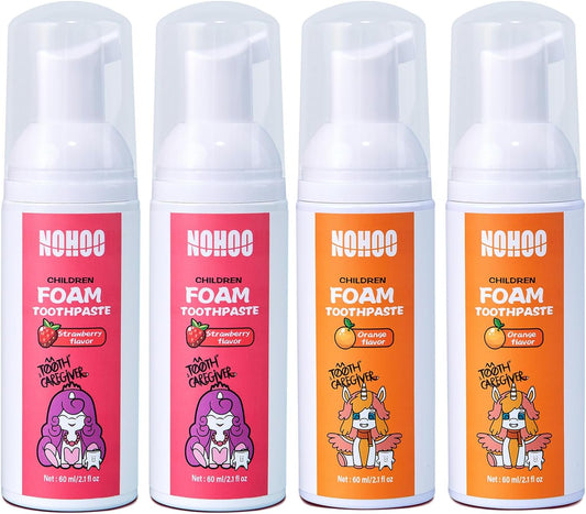 NOHOO Fluoride Free Foam Toothpaste Kids Fruit Flavour,Natural Training Toothpaste for Baby Toddler Children Oral Cleaning and Cavity Protection (2 Strawberry + 2 Orange)