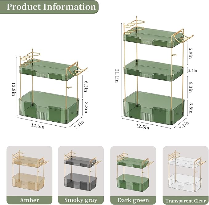 3 Tier Bathroom Organizer Countertop Makeup Perfume Tray Skincare Organizer Comes with Hair Dryer Rack and Toothbrush Holder for Bathroom Dresser Vanity (Green)