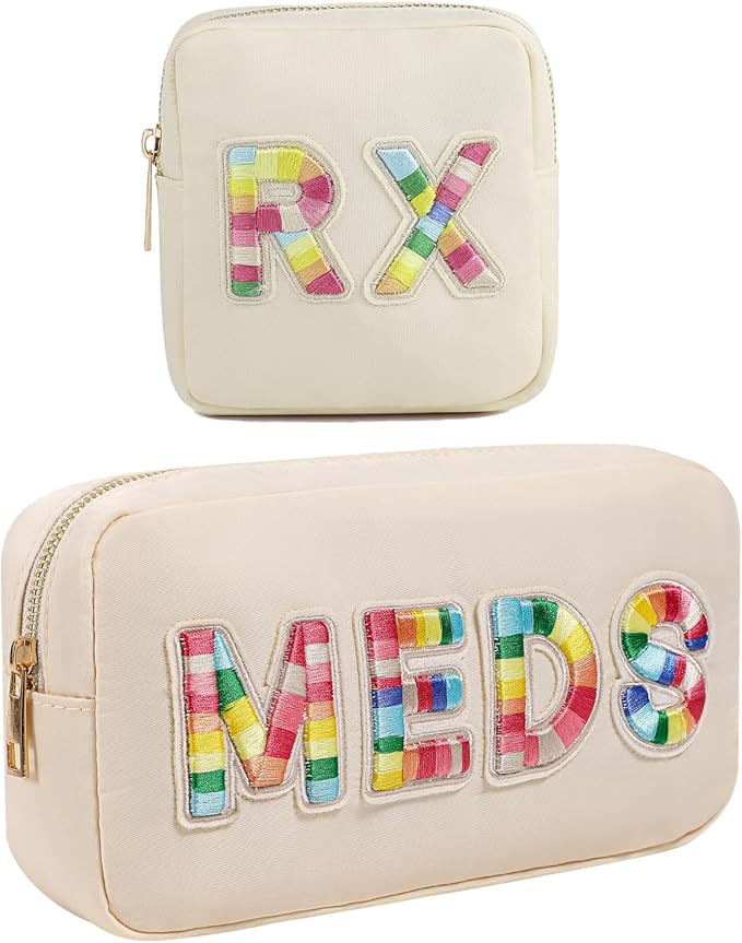 2Pcs Chenille Letter Patch Nylon Medicine Makeup Bag Set,Cute MEDS Travel Makeup Bag with Metal Zipper, First Aid Purse Organizer Cosmetic Bag for Women and Girls(MEDS and RX)