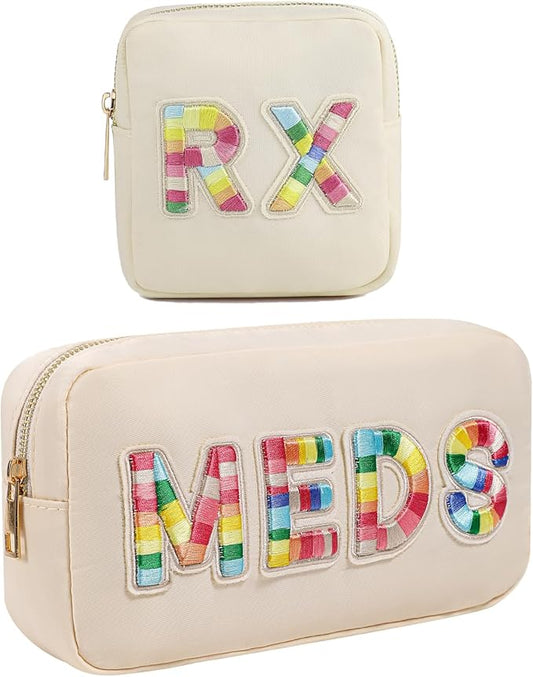 2Pcs Chenille Letter Patch Nylon Medicine Makeup Bag Set,Cute MEDS Travel Makeup Bag with Metal Zipper, First Aid Purse Organizer Cosmetic Bag for Women and Girls(MEDS and RX)