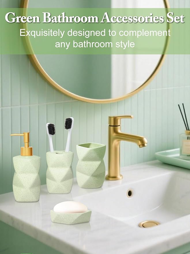 Bathroom Accessories Set,4 Pcs Bathroom Accessory Set,Includes Lotion Soap Dispenser,Toothbrush Holder,Tumbler,Soap Dish,Ceramic Bathroom Sets Complete,Bathroom Sink Set for Modern Home Decor(Green)
