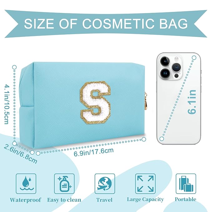 Small Personalized Initial A-Z Preppy Patch Makeup Bag,PU Chenille Letter Travel Cosmetic Pouch with Zipper,Blue Cute Toiletry Bag,Gift Ideal for Teen Girls Women Teacher Bridesmaid,Letter S