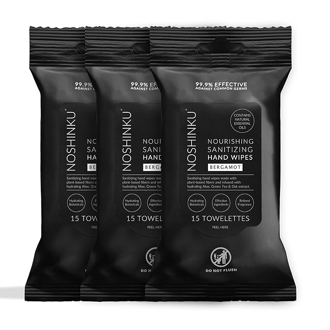 Noshinku – Bergamot Hand Sanitizer Wipes, 3-Pack (45 Towelettes) – Resealable Travel Wipes with Ethyl Alcohol, Aloe & Green Tea, Plant-Based Fiber, Essential Oil Scents, Cruelty-Free & No Dyes