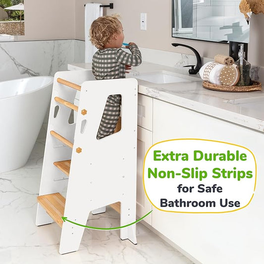 OCODILE Toddler Standing Tower - Adjustable Height Toddler Kitchen Stool Helper - Ideal Kids Kitchen Step Stool for Learning New Skills - Updated Design with Safety Feet - White