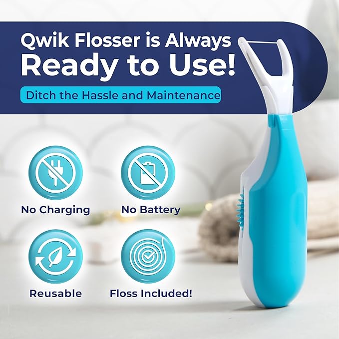 QWIK Automatic Dental Flosser | Click-to-Use, Reusable & Refillable | Pre-Loaded Floss with Travel Cover | Easy Flossing for Plaque Removal, Clean Teeth & Fresh Breath (Pink)