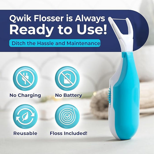QWIK Automatic Dental Flosser | Click-to-Use, Reusable & Refillable | Pre-Loaded Floss with Travel Cover | Easy Flossing for Plaque Removal, Clean Teeth & Fresh Breath (Light Blue)