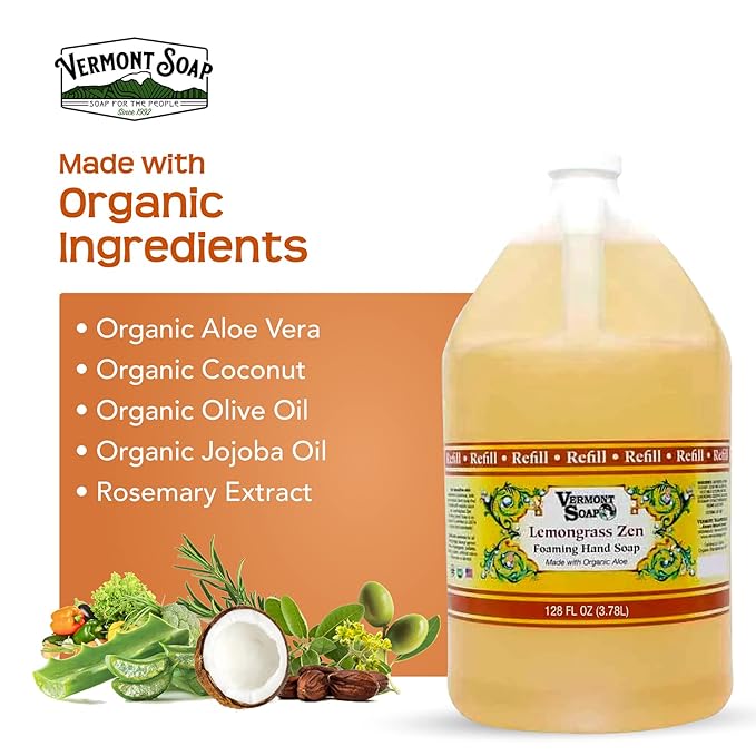VERMONT SOAP Organics Foaming Hand Soap, Liquid Soap with Pre-diluted Formula - Ready to Use Lemongrass Hand Soap With Convenient and Economical Gallon Refill Size