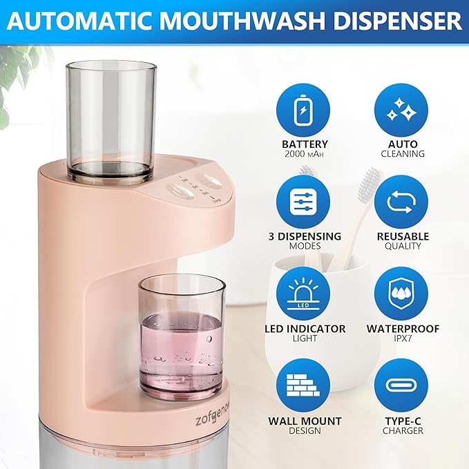 Automatic Mouthwash Dispenser for Bathroom,Bathroom Accessories 19.4 Fl Oz Dispensers with Magnetic Cups,Wall Mounted Dispenser,Suitable for All Age Groups,Pink
