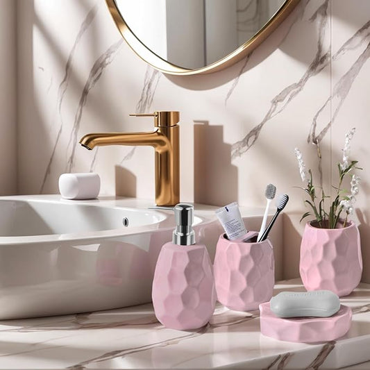 Ceramic Bathroom Accessories Set 4 PCS,Bathroom Toothbrush Holder Set,Soap and Toothbrush Holder Set,Include Toothbrush Holder,Soap Dispenser,Tumbler,Soap Dish,Bathroom Sets Decor Organizer (Pink)