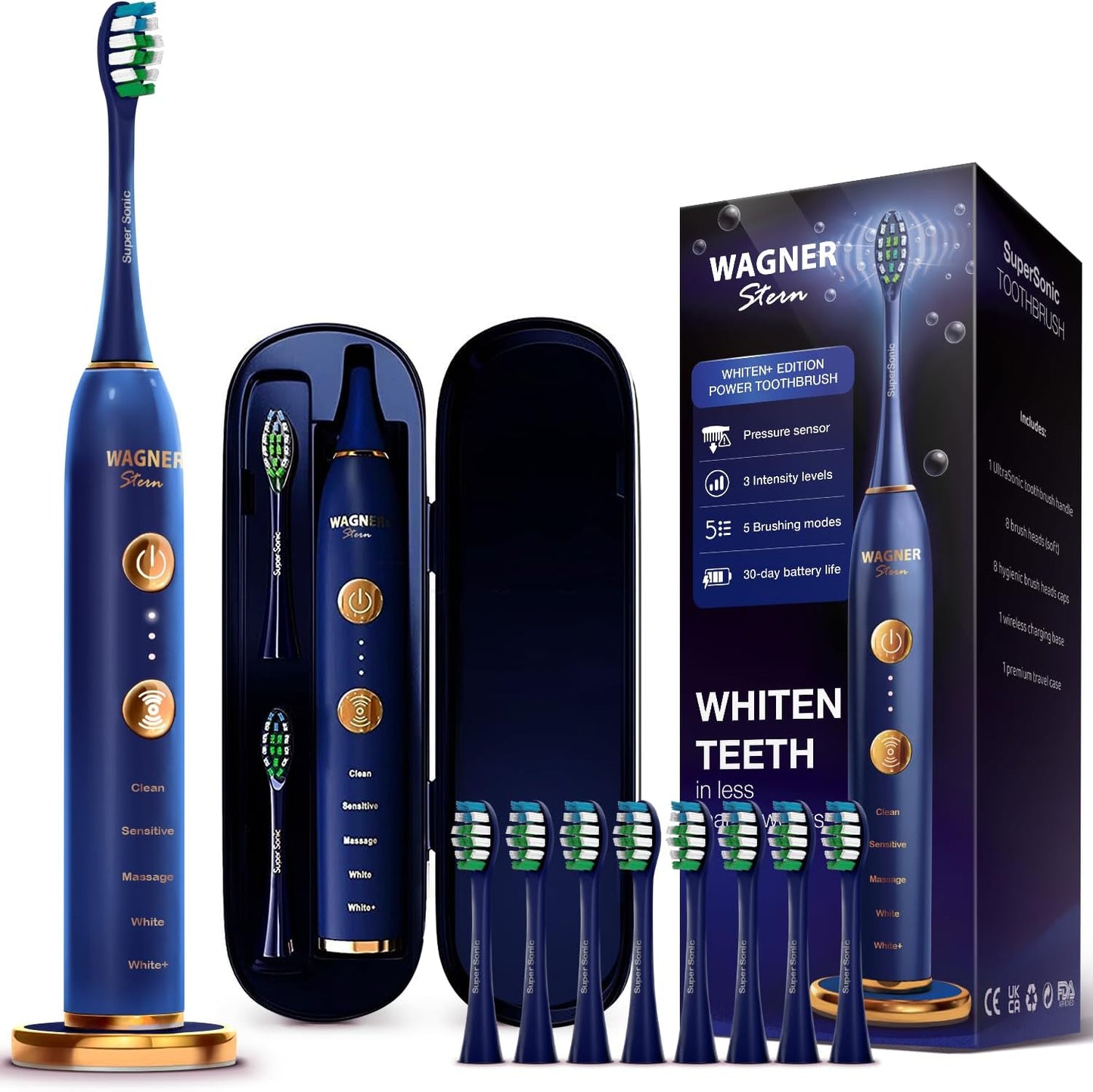 Wagner Stern WT8900 Series Electric Toothbrush – Whitening & Pressure Sensor, 5 Modes, 3 Intensities, 8 Soft Brush Heads, Rechargeable, Travel Case Included