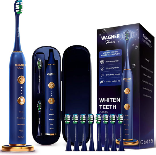 Wagner Stern WT8900 Series Electric Toothbrush – Whitening & Pressure Sensor, 5 Modes, 3 Intensities, 8 Soft Brush Heads, Rechargeable, Travel Case Included