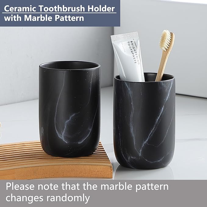 Marble Black Toothbrush Holders for Bathrooms - 2 Cups Ceramic Toothbrush Toothpaste Holders Set, Bathroom Tumbler Cups Reusable Toothbrush Cup Black Mouthwash Cup, Bathroom Counter Organizer
