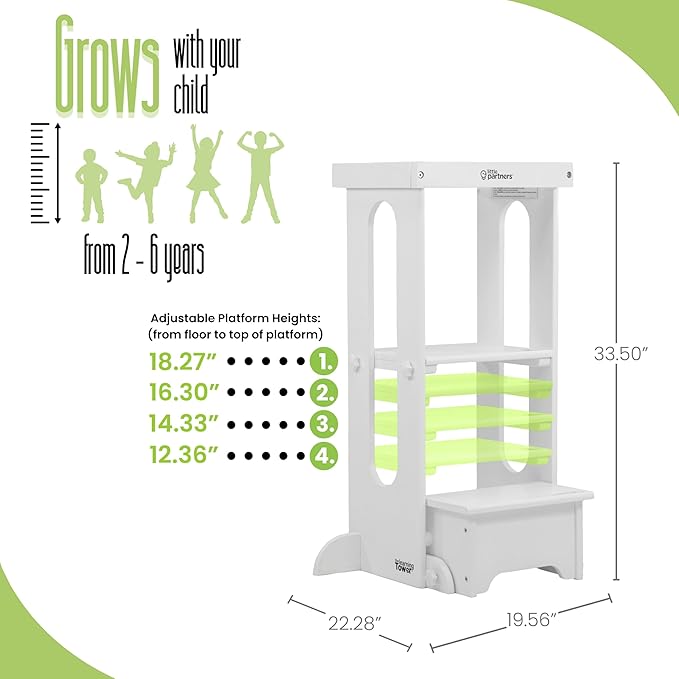 Little Partners Foldable Toddler Tower, Learning Tower Explore 'N Store Montessori Standing Kitchen Tower with Folding Step Stool Platform for Cooking and Learning, Ages 2+ (Soft White)