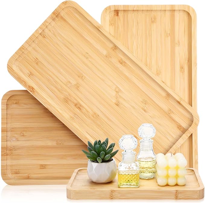 Sieral 3 Pcs Bamboo Tray for Bathroom Bamboo Vanity Bathroom Counter Organizer Decorative Tea Serving Tray for Dresser Coffee Table Home Toilet Tank Candle Perfume (11 x 5.9 Inch)