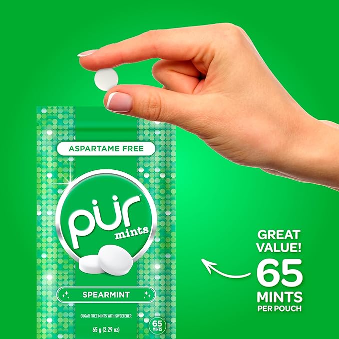 PUR Mints | Aspartame Free Breath Mints | Made with Xylitol | Sugar Free, Vegan, Gluten Free | Natural Spearmint Flavor | 65 Pieces in Re-Sealable pouch (Pack of 3)