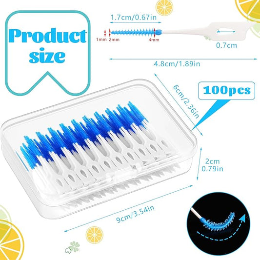 100 Pieces Interdental Brushes, Silicone Dental Floss Picks with Case Dental Brushes Dental Picks Blue Tooth Floss Picks for Teeth Cleaning