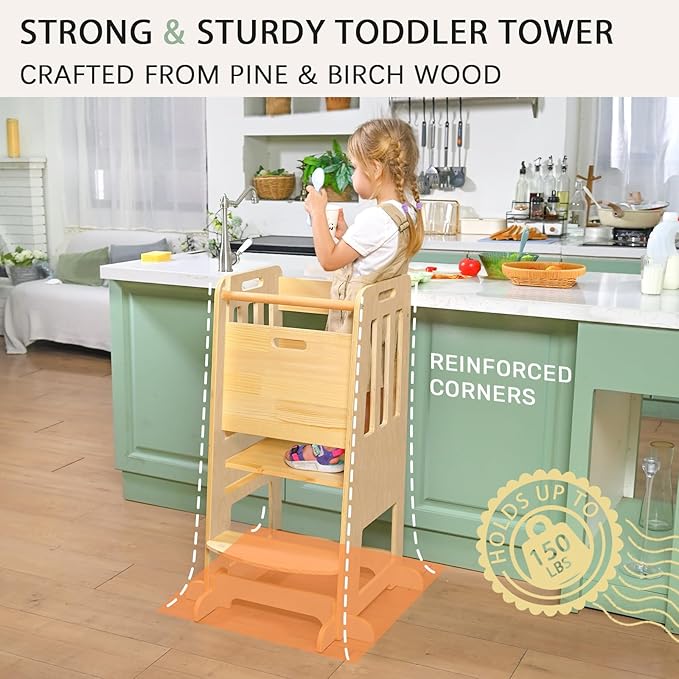 WINGYZ Toddler Kitchen Stool – Adjustable Helper Tower for Kids with Safety Rail, Wooden Standing Step-Up Stool, Sliding Door & Stable Base, Natural Wood