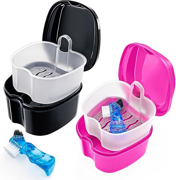 Keedolla 2 Pack Denture Bath Box Cup Retainer Cleaner Case with Strainer Basket, Mouth Guard Cleaning Case Denture Storage Soaking Holder - Black & Rose Red